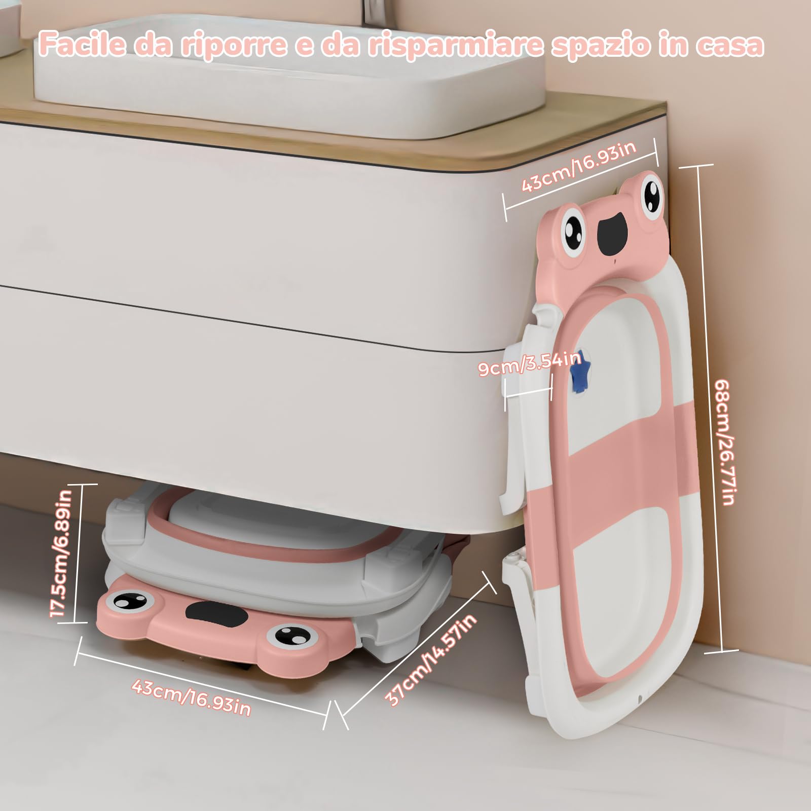 DEANIC Vaschetta Bagnetto Neonato, Vasca Neonato Bagnetto Con Cuscino, Riduttore Vaschetta Bagnetto Neonato Da 0-25 Mesi, Appendibile Pieghevole Salvaspazio (Rosa)