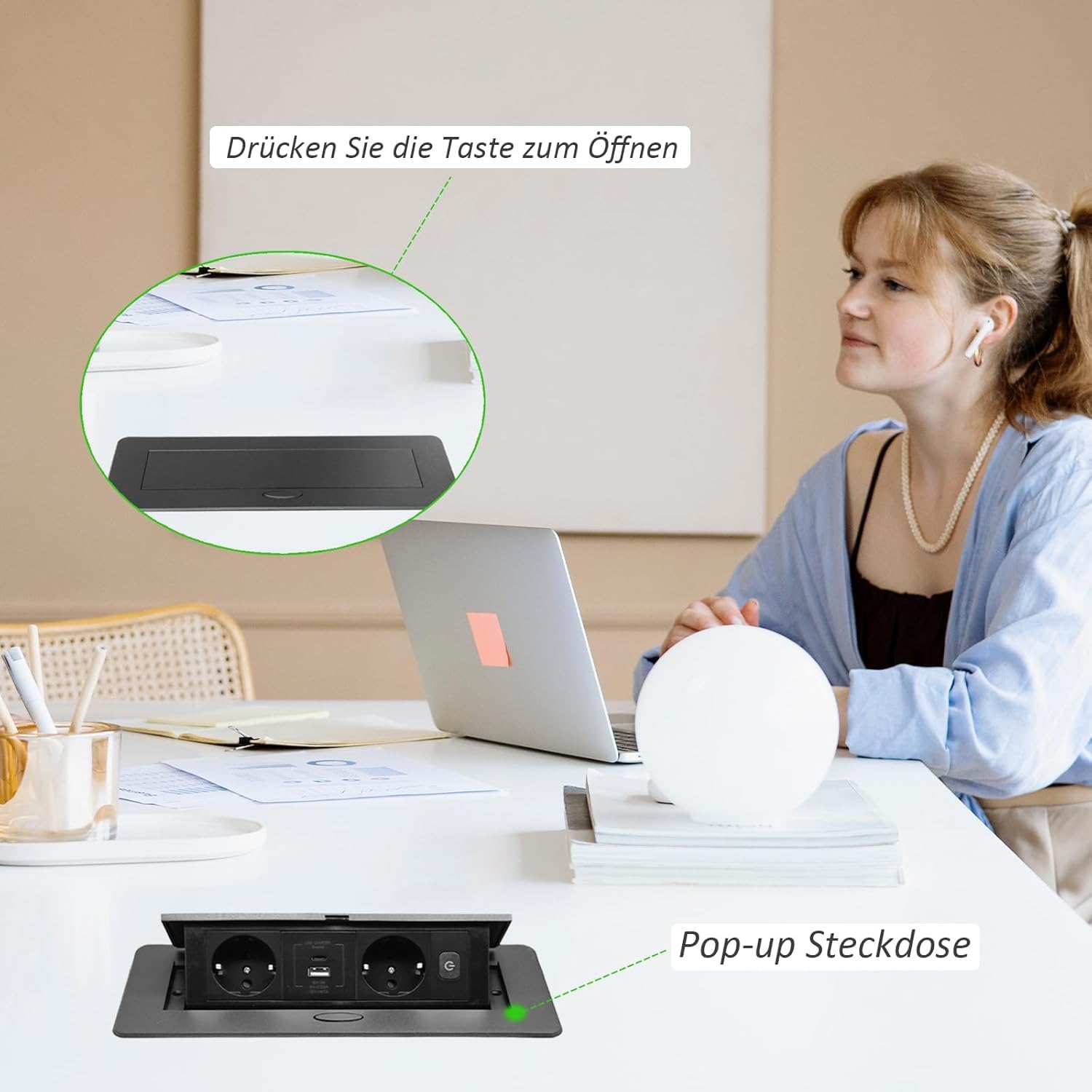 Presa da scrivania a scomparsa, USB 3.0 Type C 20 W, ricarica rapida pop-up, salvaspazio per piano di lavoro, ufficio, jacepfy