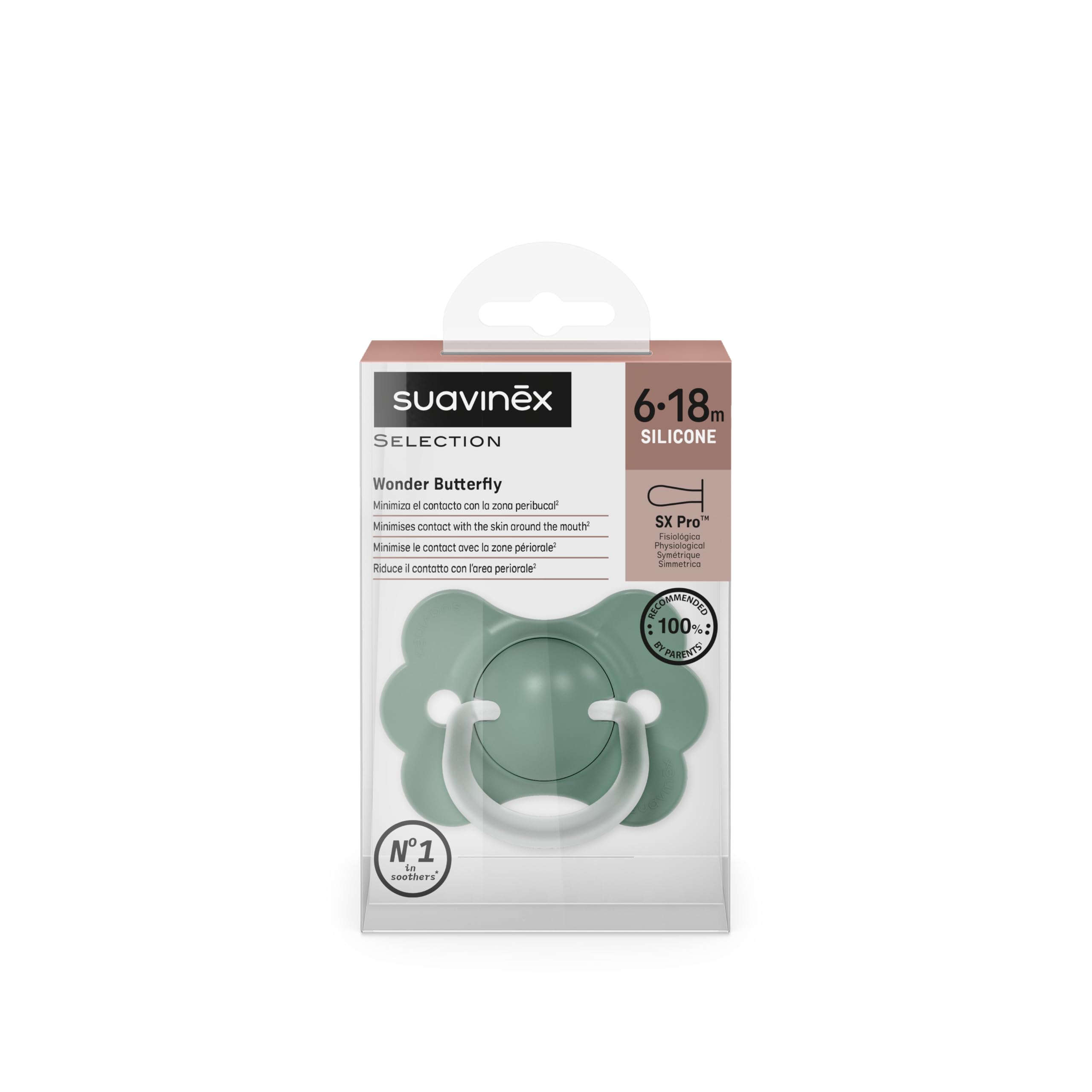 Suavinex, Chupete Bebés 6/18 Meses, con Tetina Fisiológica de Silicona SX Pro, Simétrica, Plana y Flexible, Respeta el Desarrollo Bucodental, con Anilla, Forma que Evita Rozaduras, Wonder Liso Verde — view 9