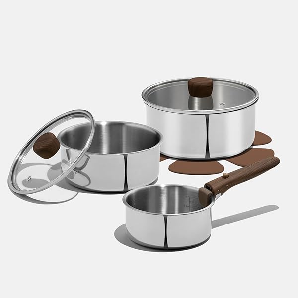 CAROTE Stainless Steel Sauce Pan with Detachable Handle, 8pcs Stainless Steel Pot, 1.5QT&2QT&3QT Saucepan with Lid, Non-Toxic Induction Kitchen Cookware, Removable Handle, Oven Safe, Woodgrain