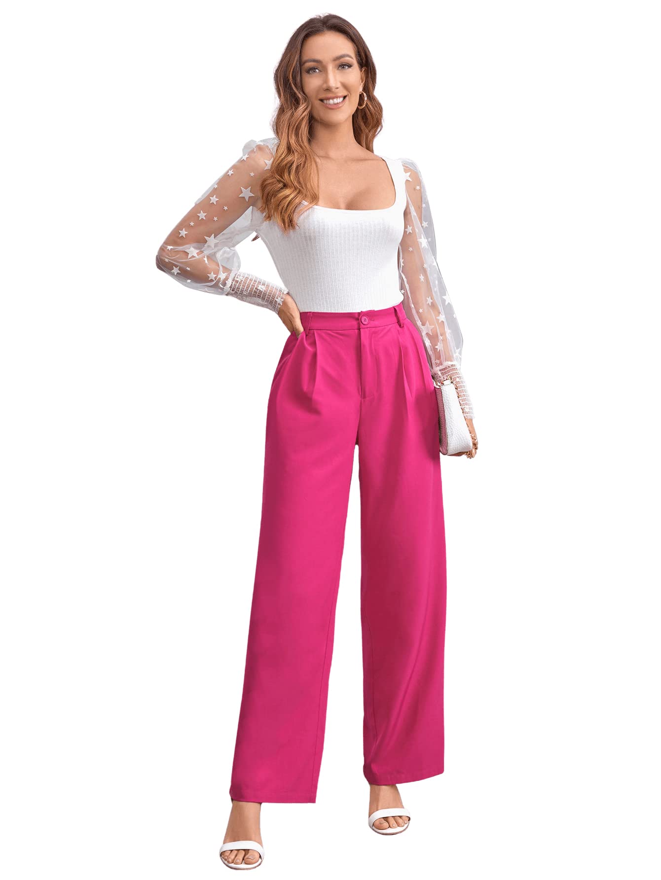 SweatyRocks Women's Casual Wide Leg High Waisted Button Down Straight Long Trousers Pants