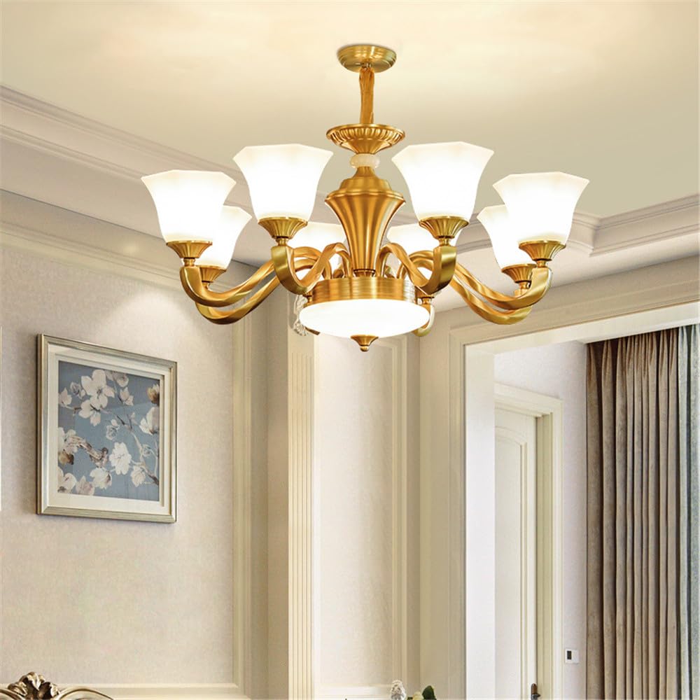 HXYSXHJUO American Brass Pendent Lamp European Luxurious Living Room Dining Bedroom Villa Hotel Sample Chandelier (A 8 Lights)