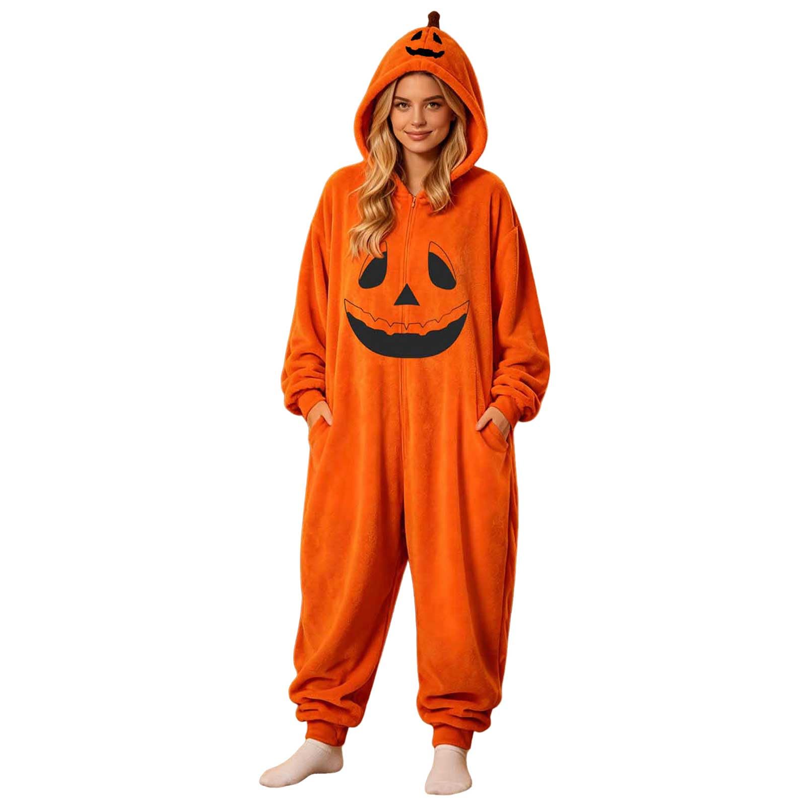 Genérico Mono Enterizo Disfraz Calabaza Halloween Tejido de Felpa Corte Holgado con Capucha Bolsillos Prácticos Pijama Polar Cómodo para Descanso en Casa Fiestas Temáticas Cosplay
