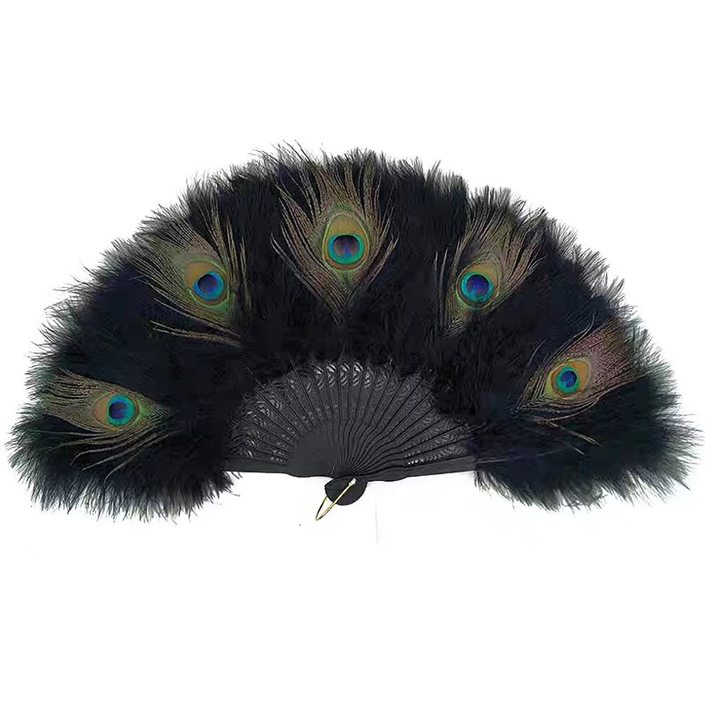 Leemiman Black-Peacock 1920S Marabou Feather Fan - Flapper Folding Handheld Wedding Party Dance Fan (Black-Peacock)