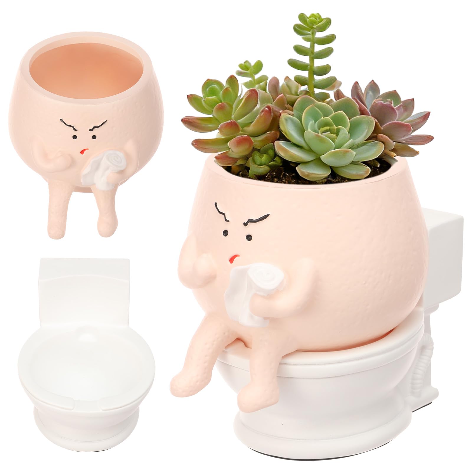 Alongen White Face Planter Pots, Funny Toilet Plant Pot For Indoor Plants, For Succulent Cacti Bathroom Desk Entryway Decor Housewarming Present ﻿