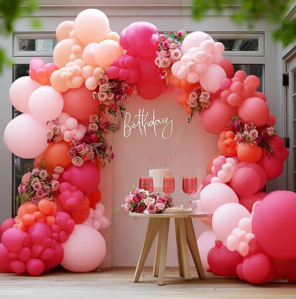 Pink and Rose Red Balloons Garland Double Stuffed Baby Pink Balloons Different Sizes Macaron Orange Latex Balloons Arch Kit for Birthday Wedding Anniversary Baby Shower Flamingo Party Decorations