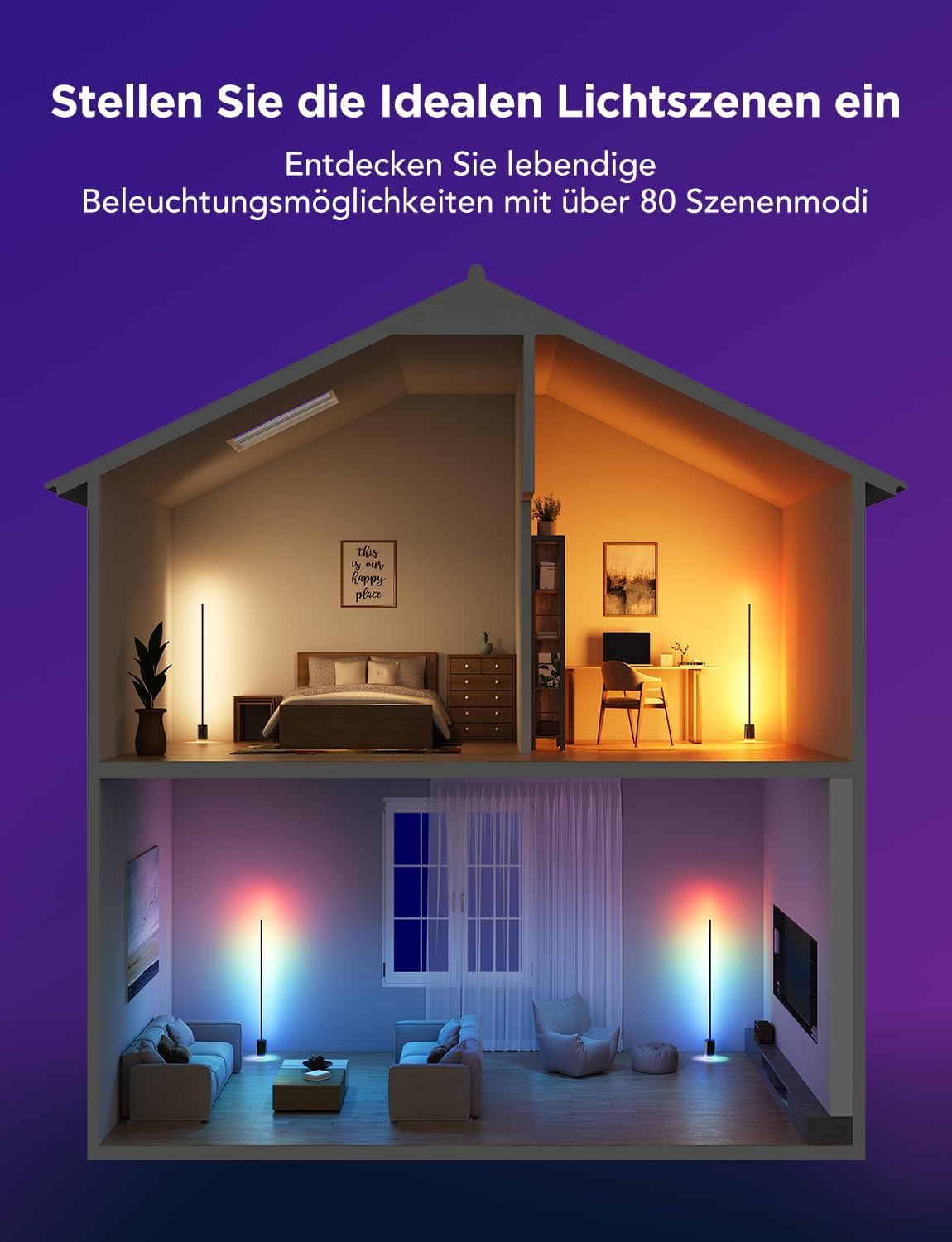 Govee LED Stehlampe Dimmbar RGBIC, 1725LM Stehlampe Wohnzimmer Arbeiten mit Matter,152cm RGBIC Moderne Schwarz,16 Millionen Farben Szenenmodi, Musikmodus für Deko Schlafzimmer Spielzimmer