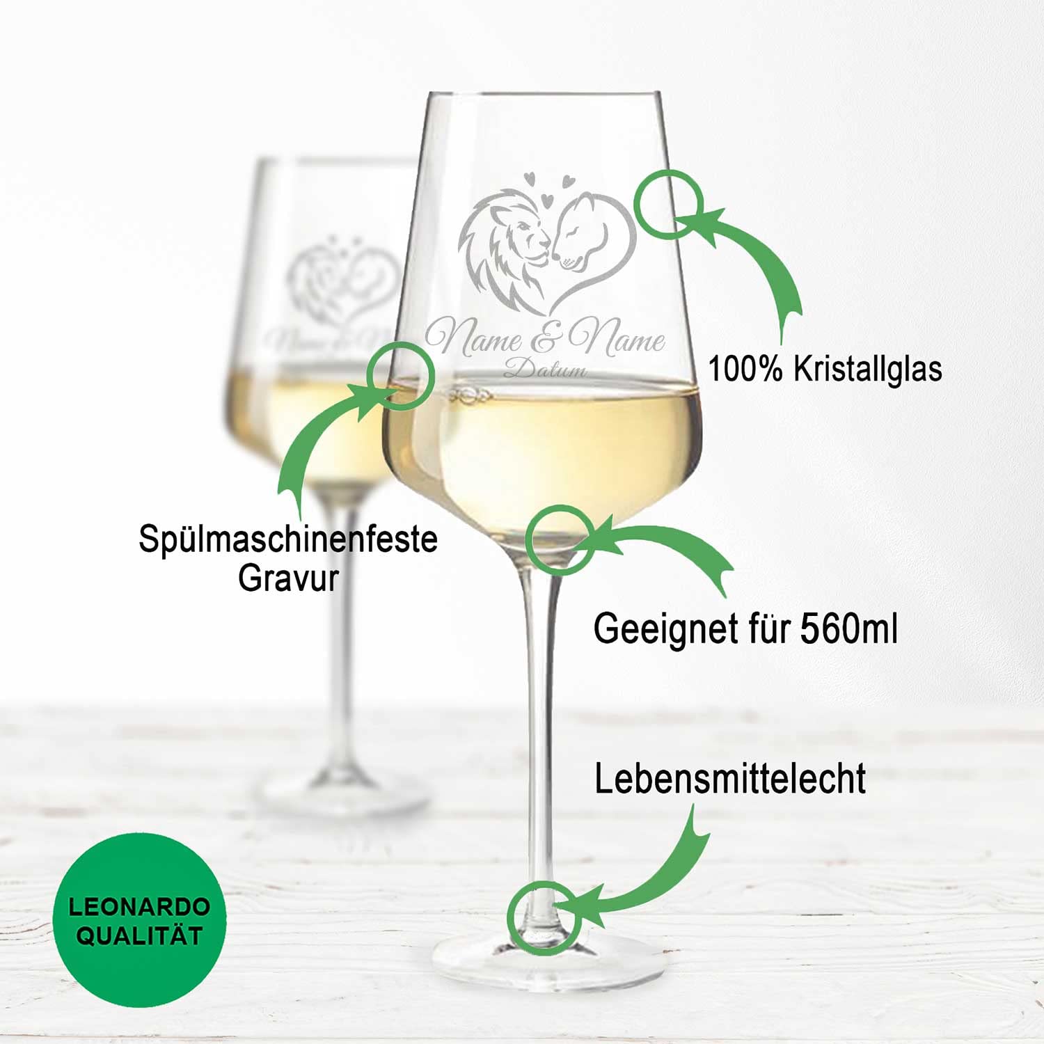 GRAVURZEILE Leonardo Puccini kieliszki do wina z grawerunkiem – Lion Love Design jako zestaw wraz z drewnianą skrzynką – możliwość spersonalizowania z imieniem i datą – prezent na zaręczyny, ślub,
