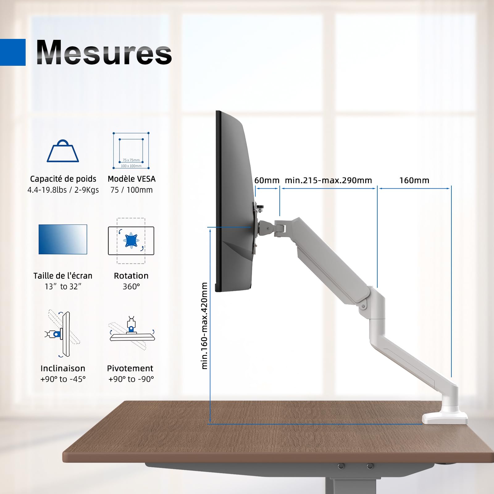 GRIFEMA GB2003W-1 Bras Ecran PC VESA 75x75-100x100 mm Rotation 360° Réglable Hauteur 9 kg Blanc