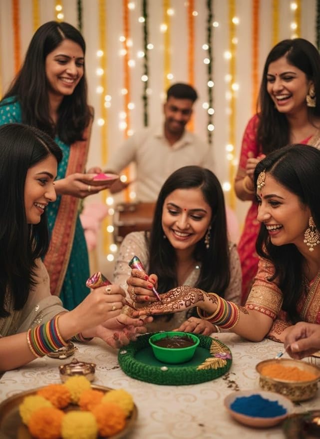 Star SAI Collection- Modern Decorative Haldi & Mehendi Thali Set β Yellow Bowl with Gold Palm Design | Traditional Wedding Haldi Ceremony Platter for Bride & Groom Ubtan Decor 3