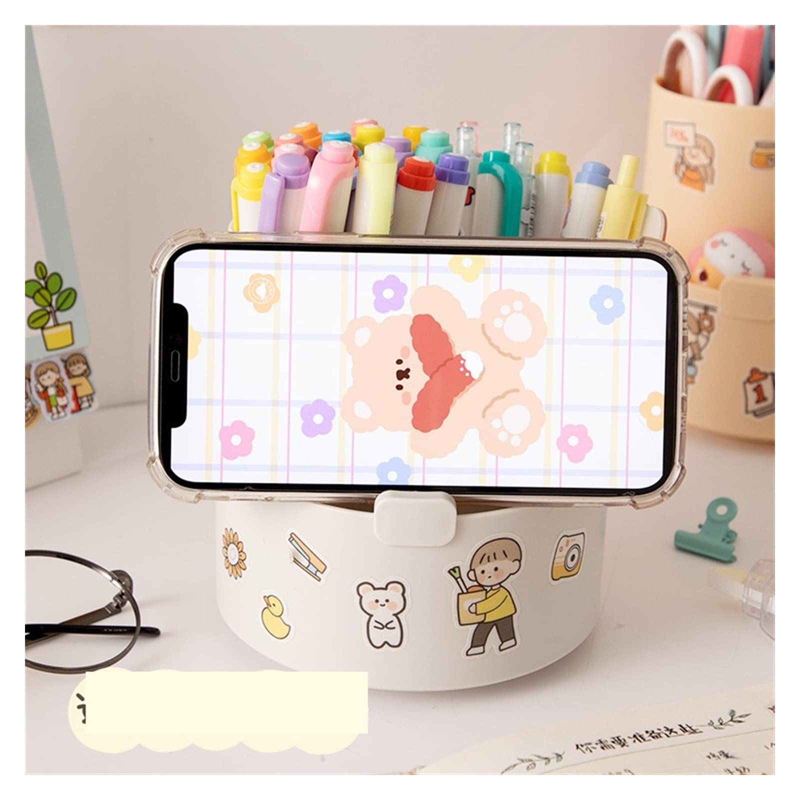 Stifteköcher Stiftbecher Kawaii Kunststoff Multifunktionaler Desktop-Organizer Stifthalter Telefonständer Halter Rotierender Stifthalter Schule Schreibwaren Stifteköcher Schreibtisch ( Color : Tea Whi