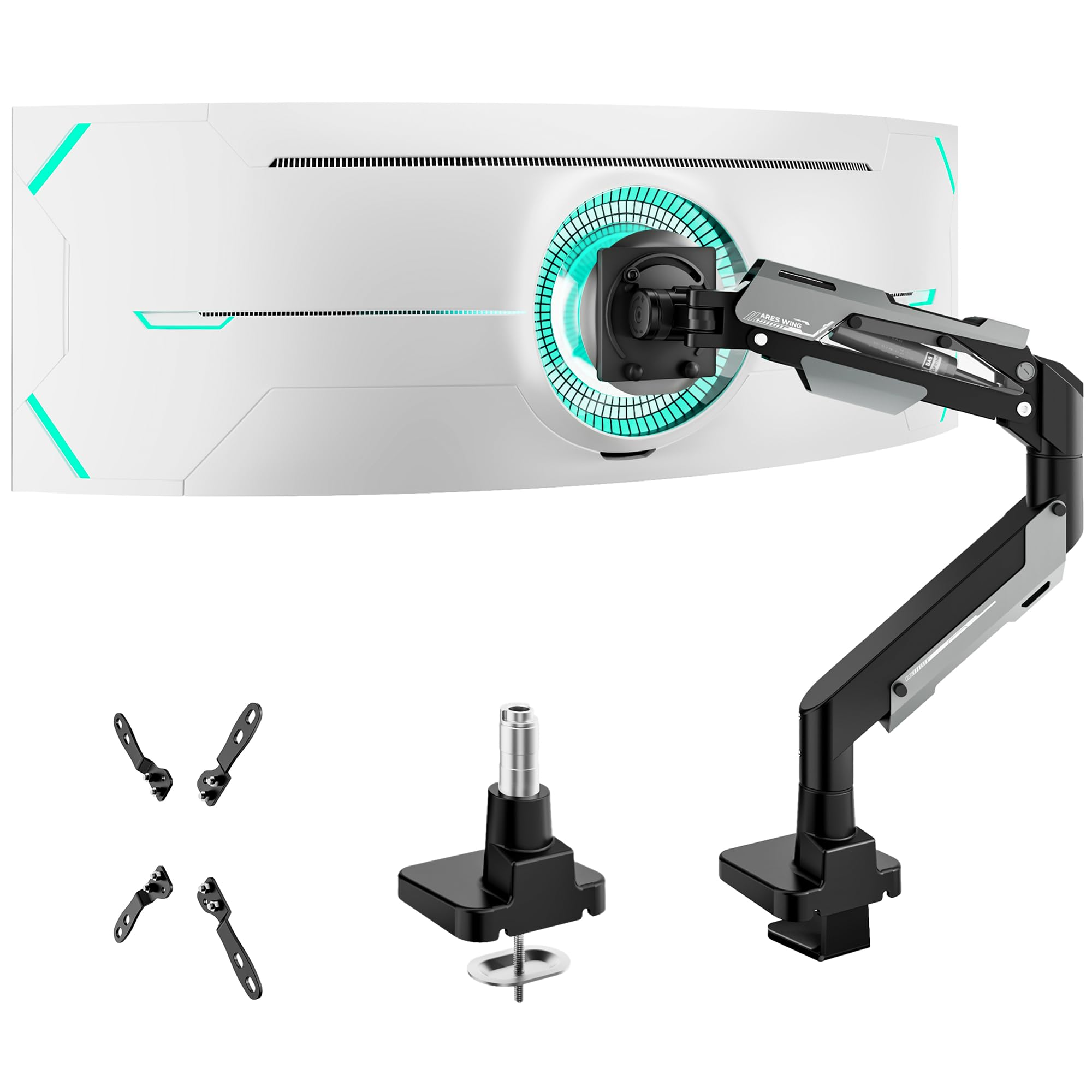 ARES WING Ultrawide Gas Spring Monitor Arm, Heavy Duty Monitor Arm for 24"-57" Flat/Curved Screen, Weight Capacity Up to 53/66 lbs, Height Adjustment, Cable Management, VESA 75/100/200 mm，Black-image-11