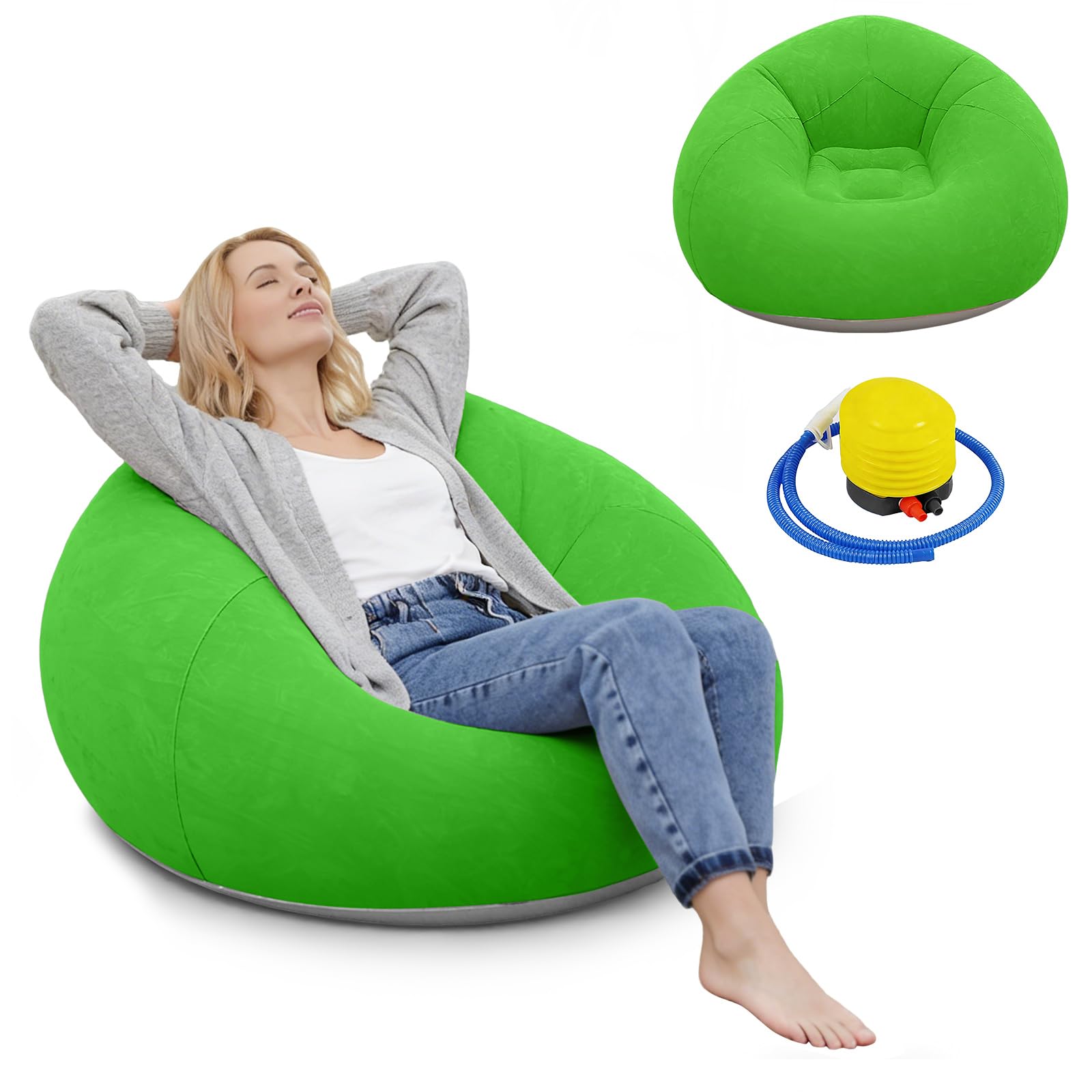 Bean bag fauteuil gonflable vert avec sa pompe à air incluse pour salon et camping