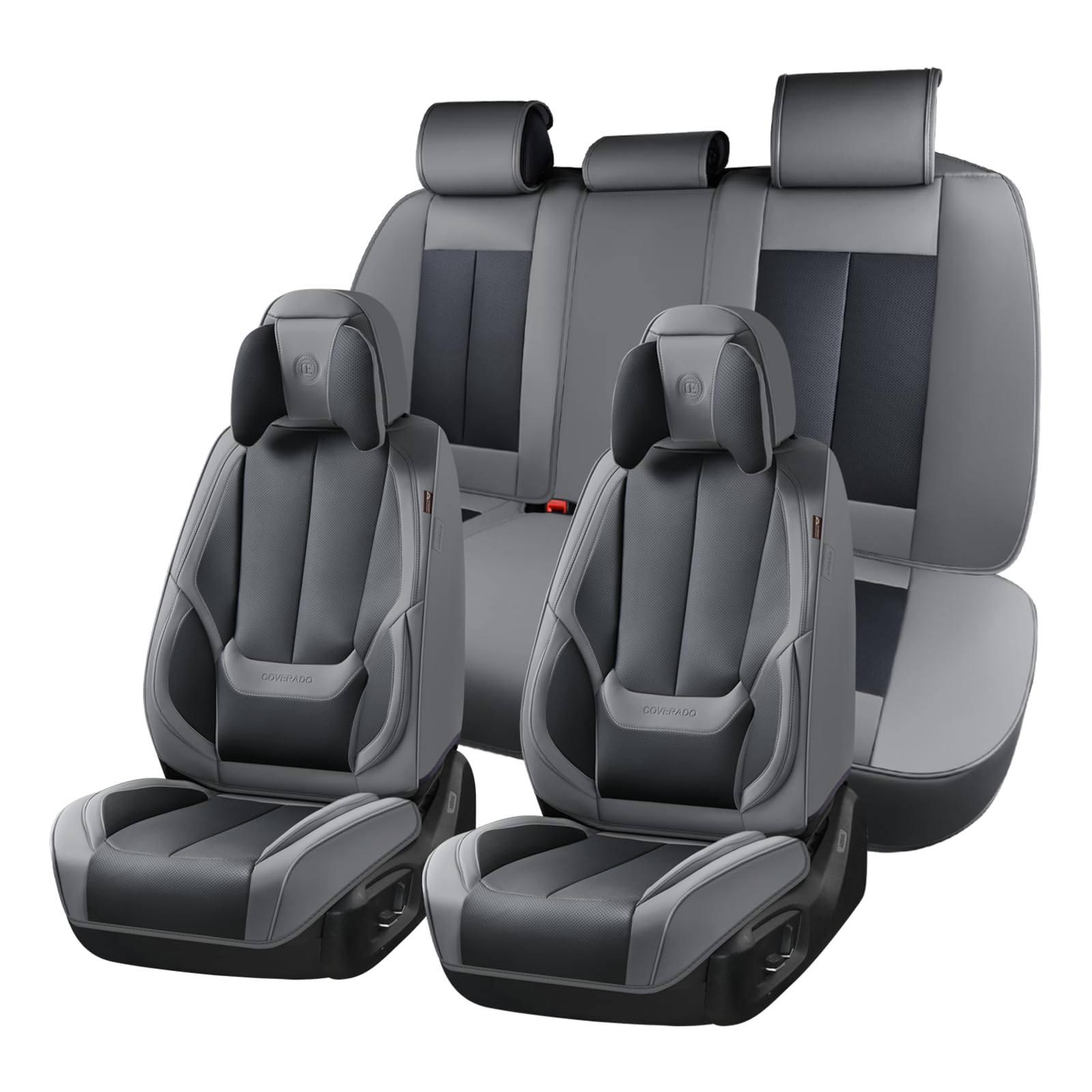 Coverado Seat Covers Full Set, 5 Seats Seat Covers for Cars, Waterproof Nappa Leather Car Seat Covers with Head Pillow, Seat Protectors Car Seat Cushion Universal Fit for Most Cars (Gray&amp;Black)