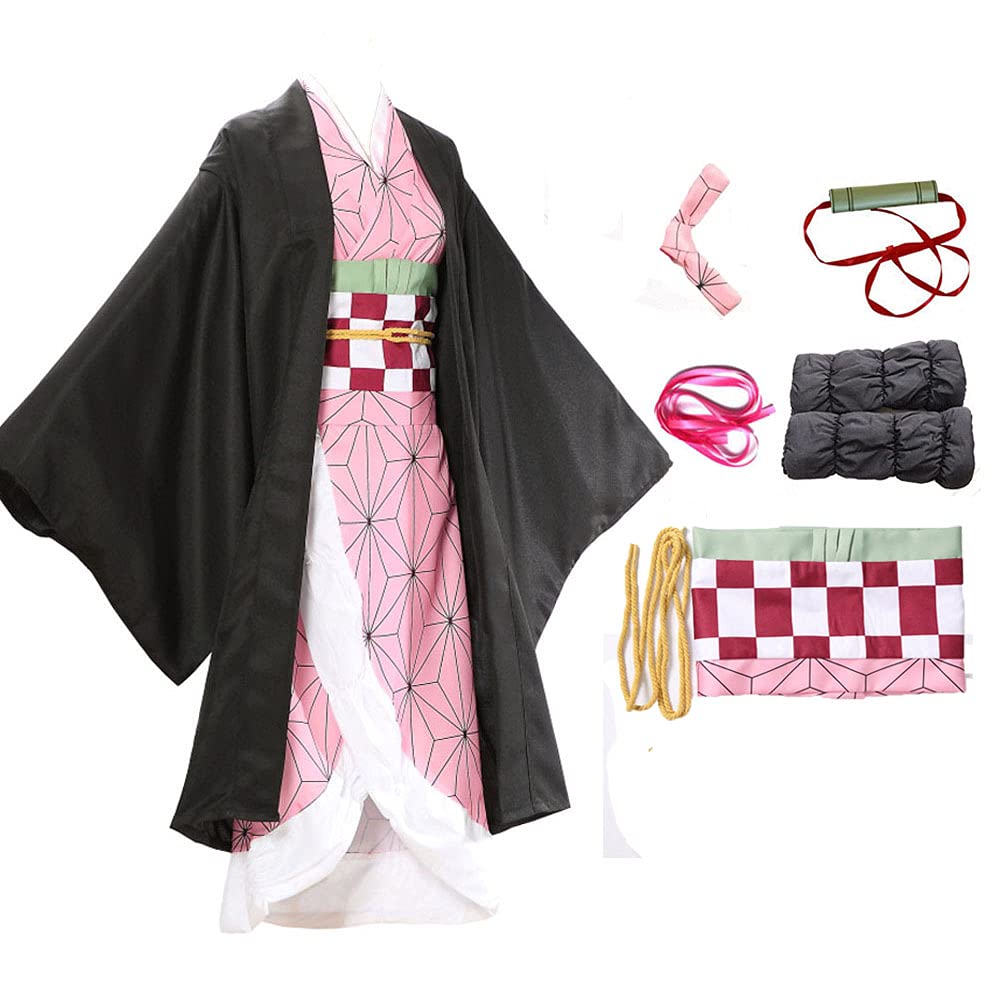 Costribe Kamado Nezuko Cosplay Costume Halloween Anime Uniform Full Set Kimono Dress with Stocking Bamboo Waistband