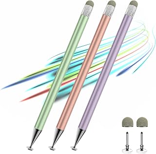 ZhaoCaiJinBao 3-Pack 2-in-1 Precision Stylus Pens for iPad, iPhone, Android - Disc & Fiber Tips, High Sensitivity Touchscreen (Green/Purple/Rose Gold)