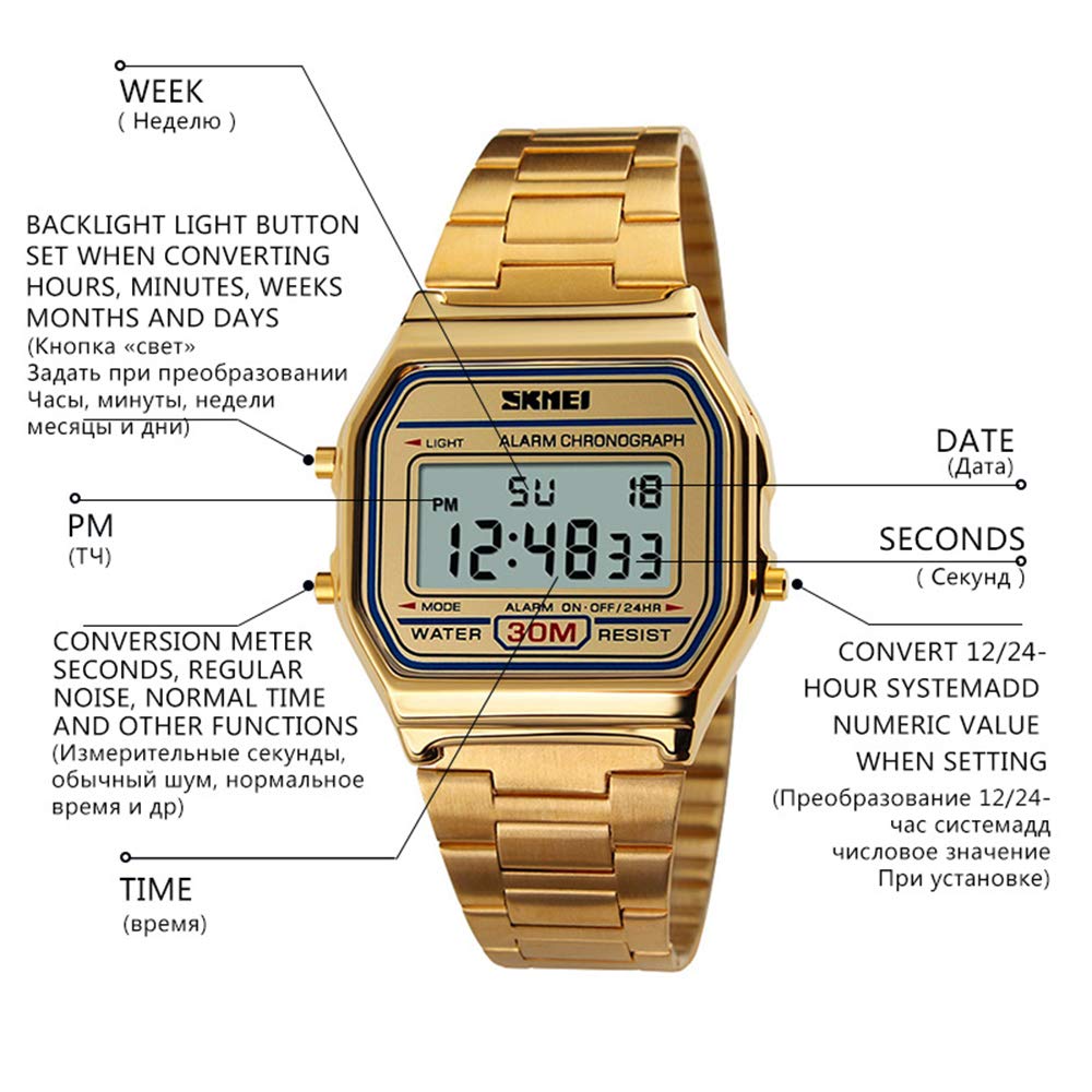 MASTOP Orologio sportivo digitale da uomo, doppio display, in acciaio inox, quadrato, conto alla rovescia, sveglia, retroilluminazione, resistente all'acqua