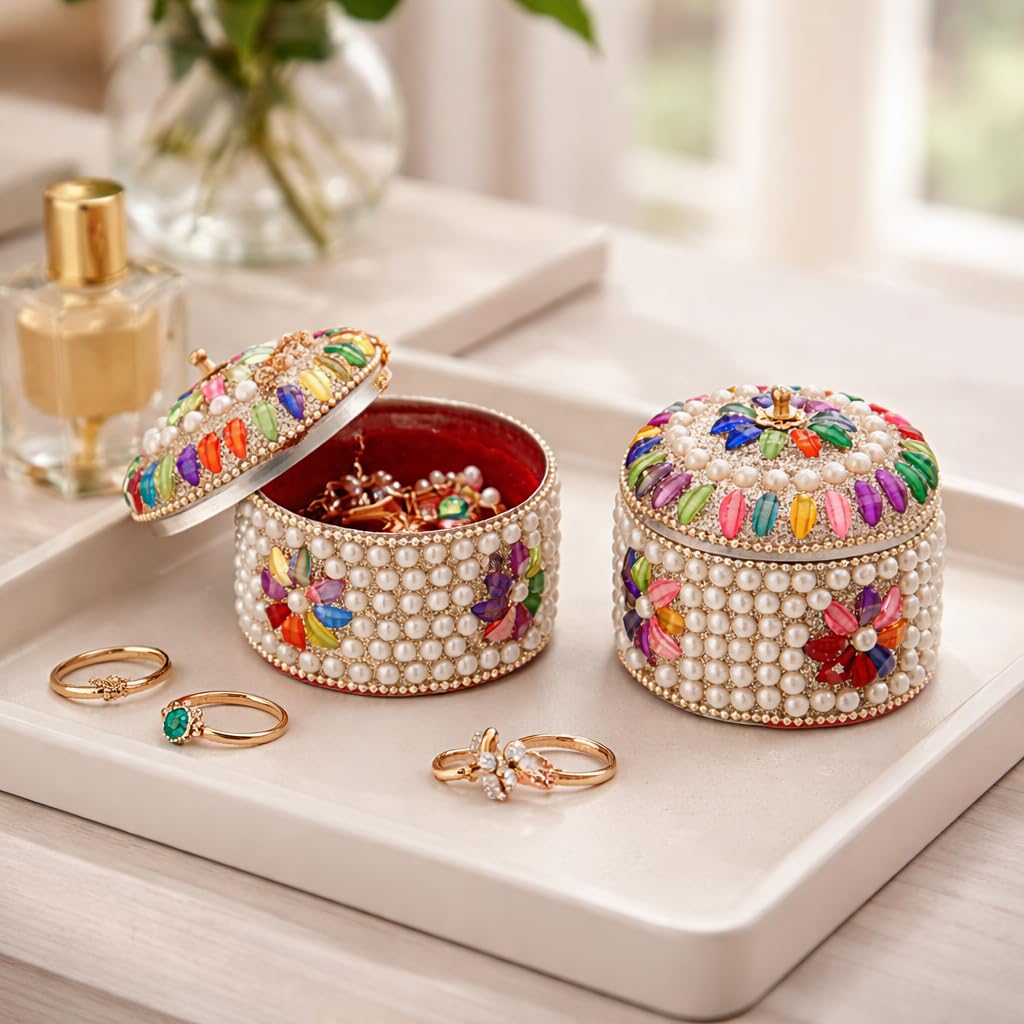 Craftam Pearl And Silver Stone Jewelry Box, Decorative Jewellery Dabbi Organizer for Rings, Earrings, Trinkets,Decorative Gift Box for Women (7×7×6 cm, Pack of 2) 2