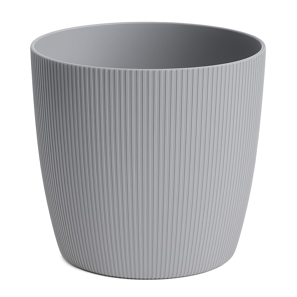 Home Garden Ornaments Plant Pots Indoor 15.5cm Diameter – Round and Plastic Plant Pot of Light Grey Colour – Striped Flower Pot – Decorative Flower Pots Outside (Ø15.5cm, Light Grey)