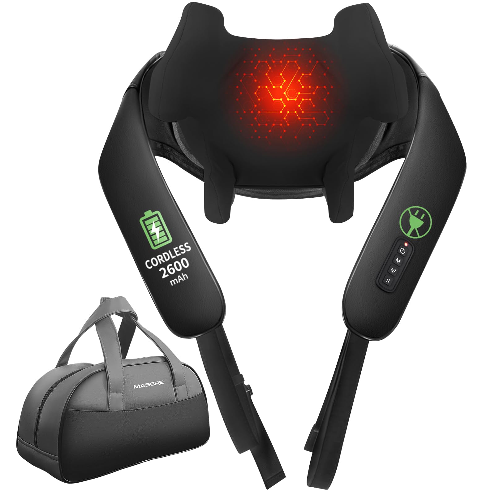 MASGRE Shiatsu Neck and Back Massager with Heat, Upgraded 2600mAh Cordless Shoulder Massager Deep Tissue 6D Kneading with Carry Bag, Massages Pillow