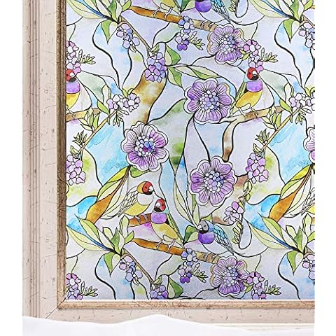 CottonColors Window Film Privacy Stained Glass Window Static Clings Vinyl Non-Adhesive Flower Parrot Decorative Window Coverings for Home Bathroom,90x200CM Cover
