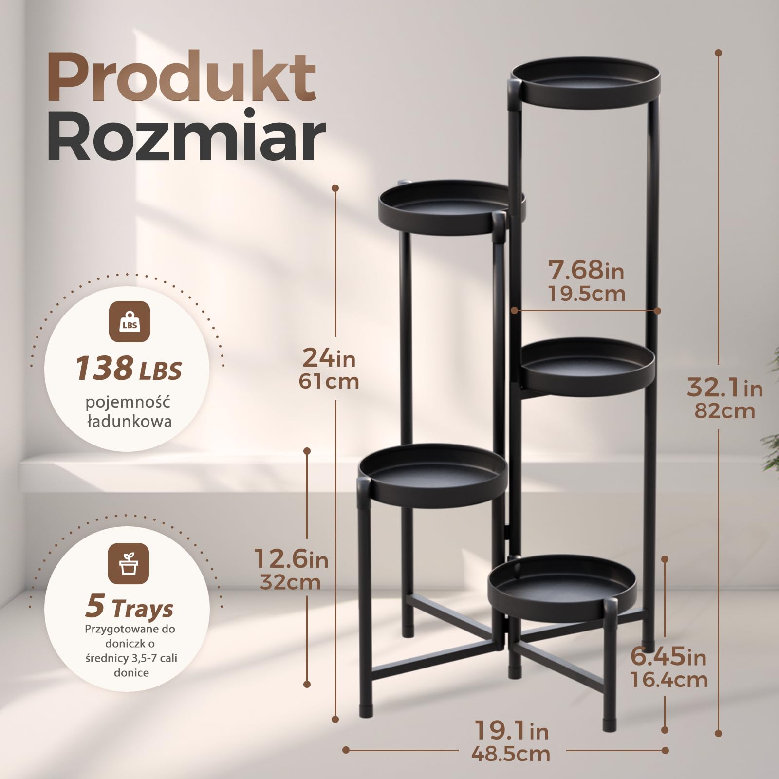 Bamworld Stojak na Rośliny Wewnątrz Na Zewnątrz Składany 5-Poziomowy Metalowy Stojak na Kwiaty, Kątowa Wielopoziomowa Półka na Rośliny do Ogrodu Balkonu Tarasu Salonu Sypialni
