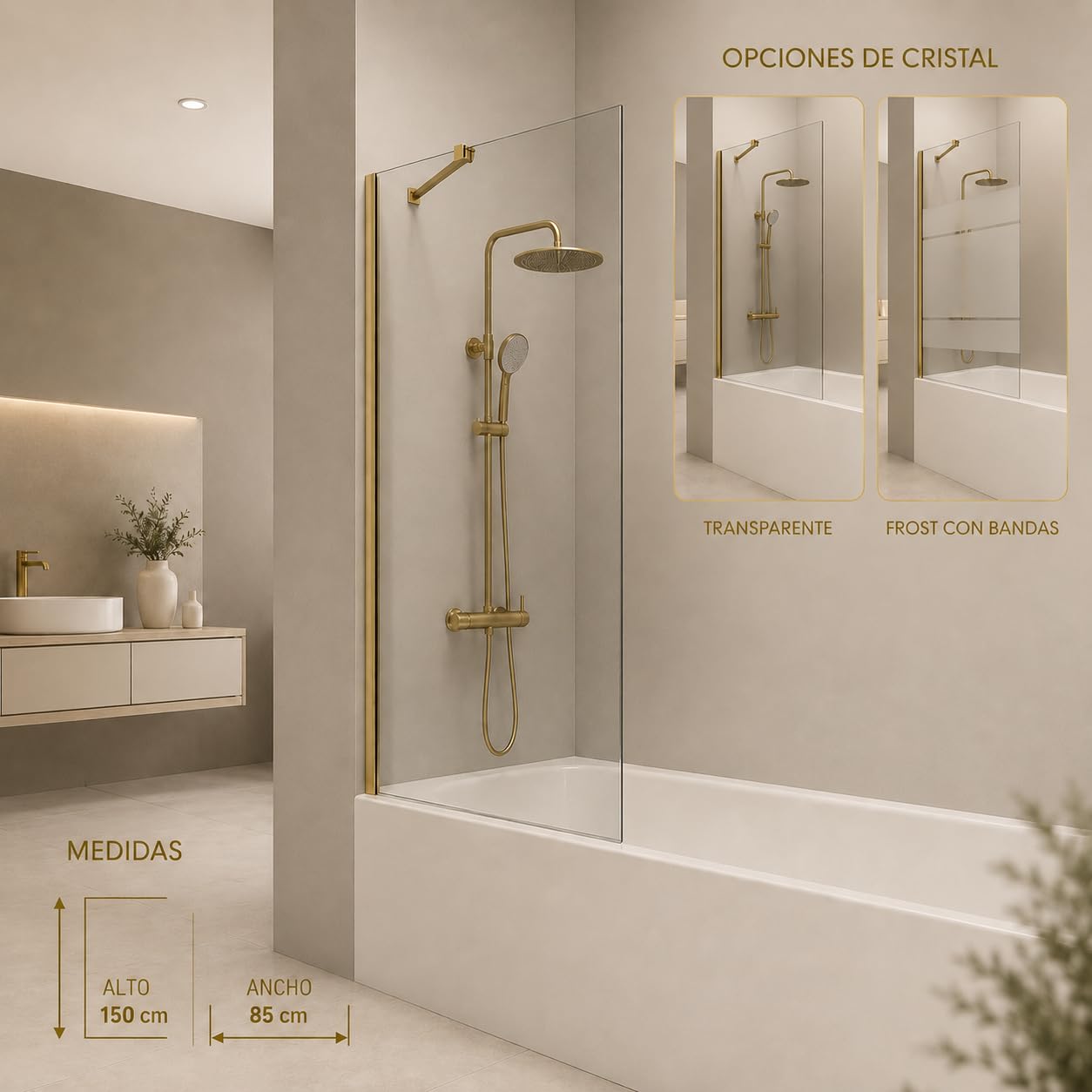 GME - Mampara Bañera Fija Cromo 85cm Frontal con Brazo de Sujeción | Mampara de Cristal Antical y Perfilería de Aluminio con 150cm de Altura | Vidrio con Grosor 8mm