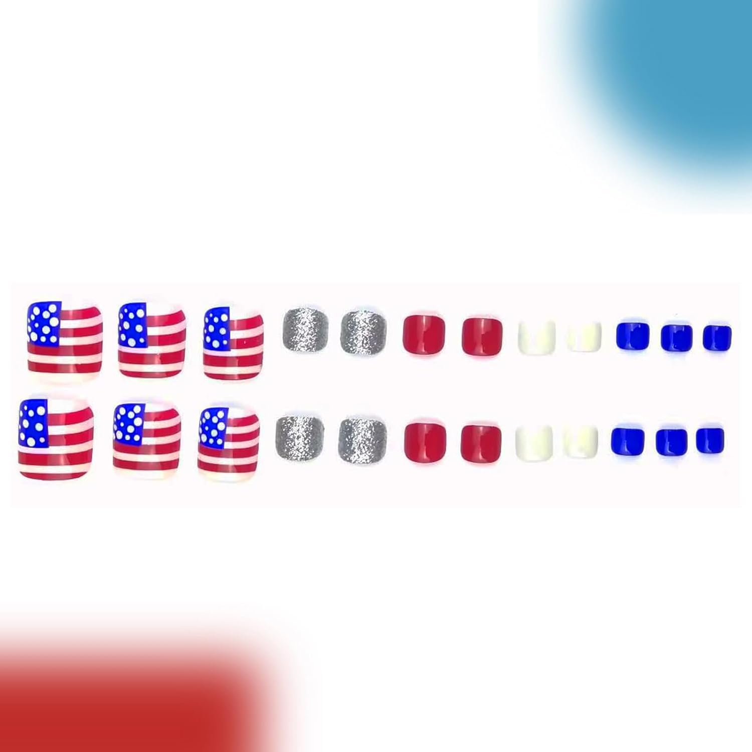 24pcs July 4th Press-On Short Square Independence Day False Toenails American Flag Red Blue White Glitter Full Cover Acrylic Reusable False Toenails Women's Independence Day Nail Art Decorations image 5