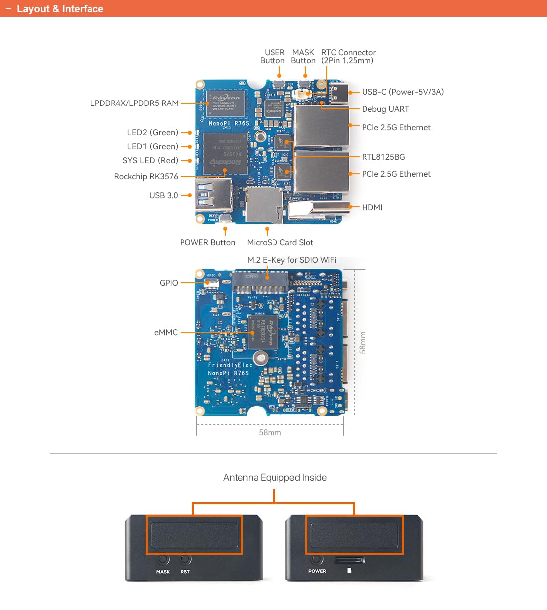 NanoPi R76S Mini Router Repeater FriendlyWrt, LPDDR5 16 GB RAM 32 GB eMMC 6TOPS NPU RK3576 SoC z modelem Al, podwójny port Ethernet 2.5G do IoT NAS Smart Gateway (zestaw standardowy, brak modułów WiFi