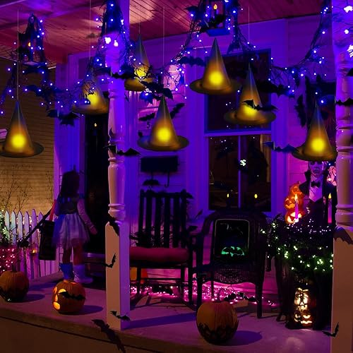Miniatura 7 de YUJUN 24 sombreros de bruja colgantes de Halloween, sombreros de bruja negros iluminados con murciélagos 3D, decoración para interiores y