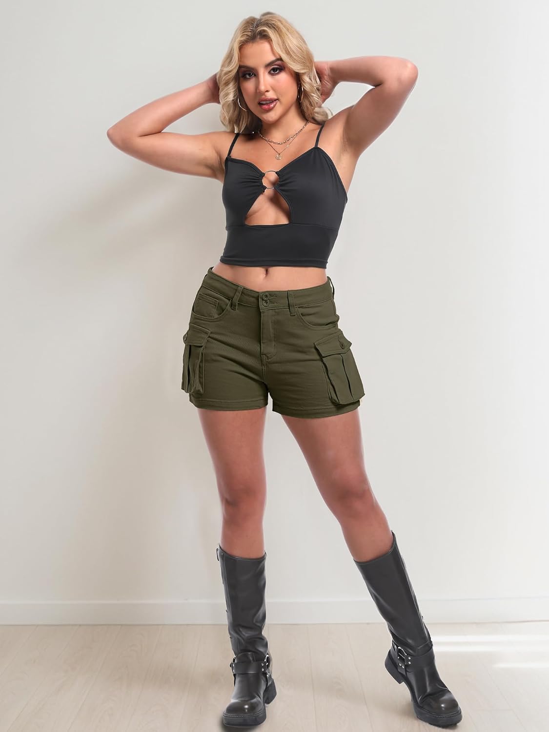 ELLEVEN Women's High-Stretch Cargo Shorts, Y2K Mini, High Waisted, Slim-Fitted Jean Shorts with Pockets - Image 3