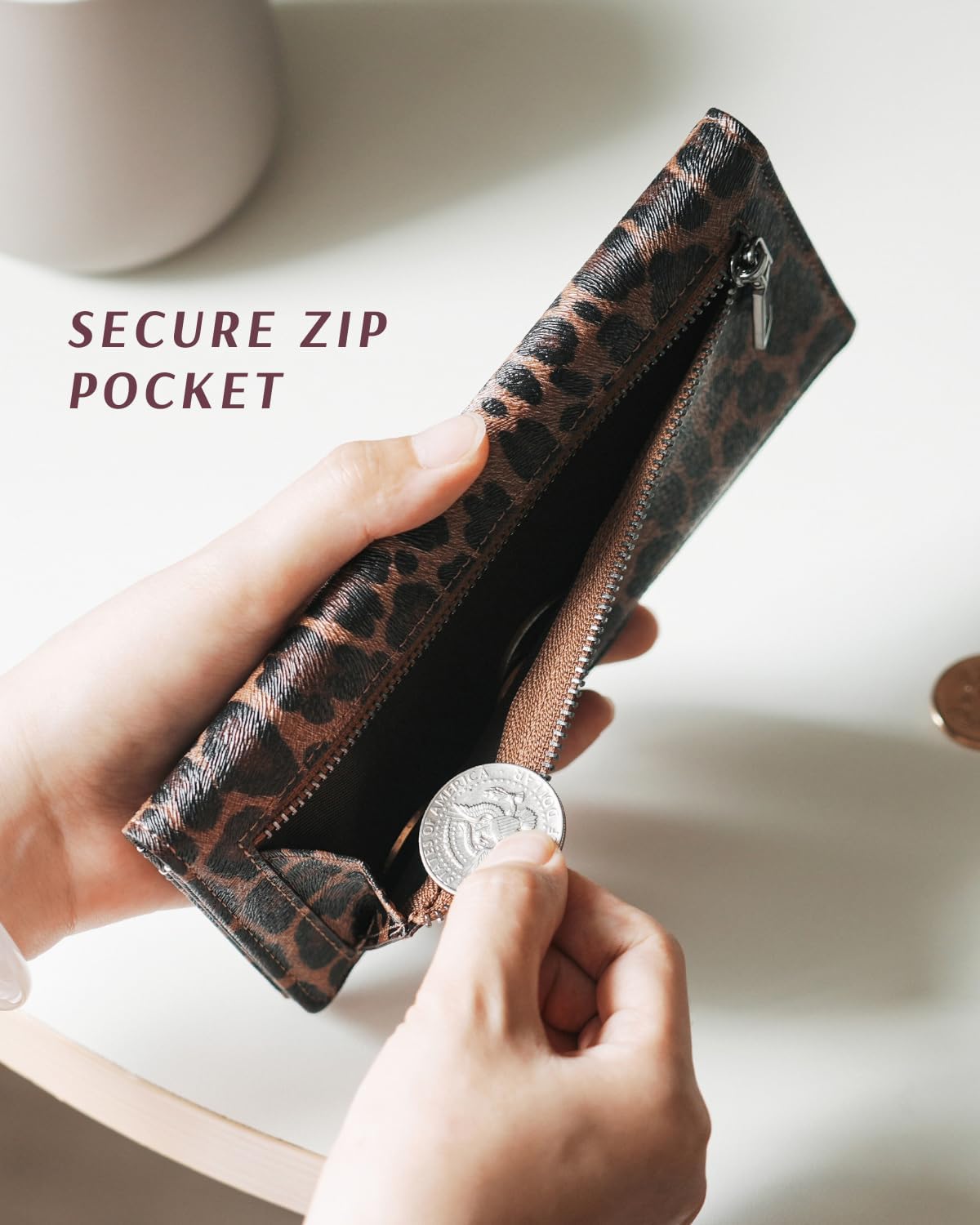 Slim Wallet Women RFID Blocking Vegan Leather Bifold Clutch Wallet Credit Card Holder with 2 ID Windows & Zip Pocket