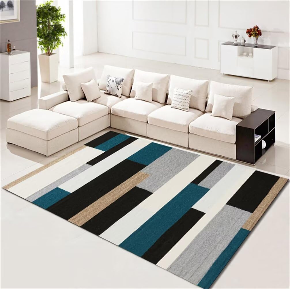 Tapis interieur bleu gris moquette salon grande taille 200x260 cm à motif géométrique