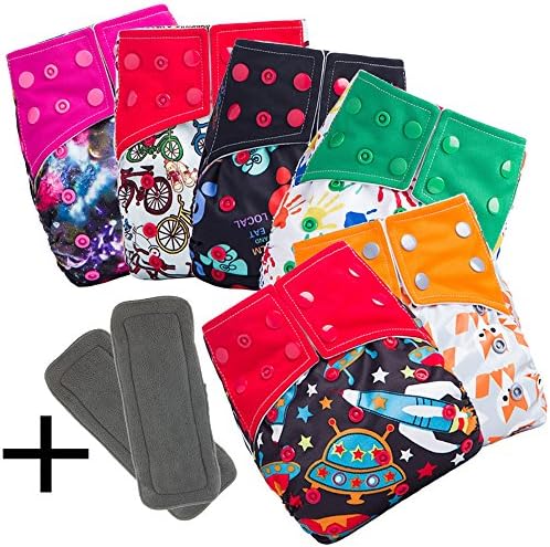Reusable and Washable Pocket Baby Cloth Diaper Nappy 6 Diaper Covers + 8 FREE Inserts Microfiber & Bamboo Charcoal Insert | All in One Size with Adjustable Snaps Fits Baby from Newborn thru Toddlers