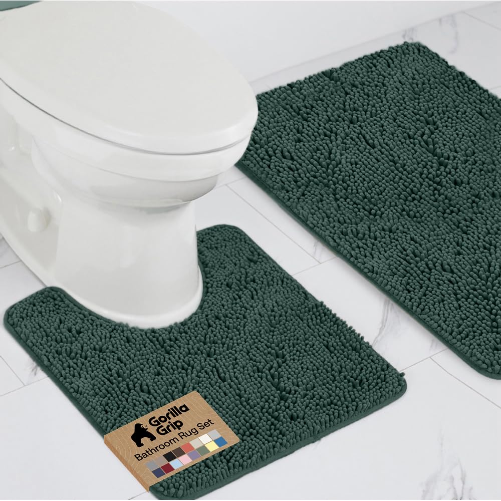Gorilla Grip Original Shaggy Chenille 2 Piece Bath Rug Set Includes Oval U-Shape Contour Mat for Toilet and 30x20 Carpet Rugs, Machine Wash/Dry, Plush Mats for Tub, Shower, Bathroom (Hunter Green) — image 1