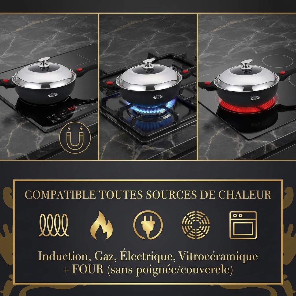 HAUSSMANN heritage - Wok/Sauteuse 32cm 6.4L avec Couvercle - Fonte d'Aluminium - Revêtement Antiadhésif 5 Couches (Sans PFOA) - Poignée Amovible - Tous Feux Induction, Four & Lave-vaisselle