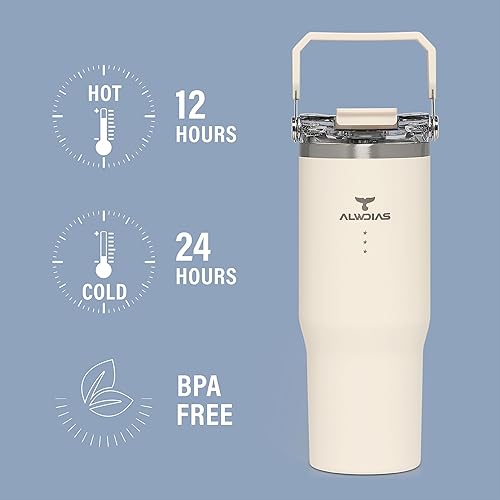 Miniatura 6 de Samsta - Vaso aislado de acero inoxidable de 32 onzas con tapa superior abatible a prueba de fugas, pajilla y asa, botella de agua fría para viajes,