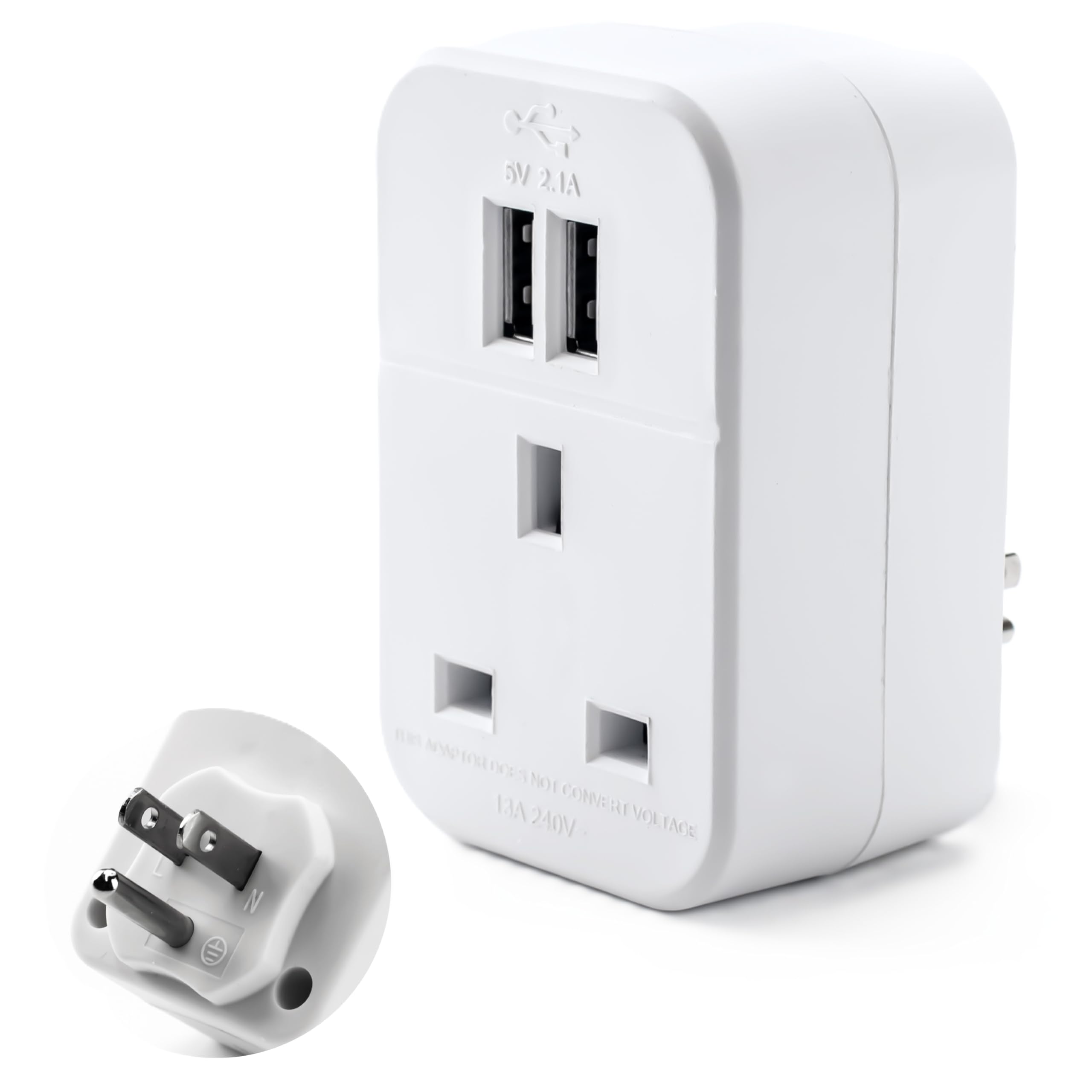 STATUS UK to US International Plug with USB Port Adapter, 3 Pin to 2 Pin US Travel Adaptor, White 2 Port USB Adapter Plug, (S2USBPTINTER1PK3)