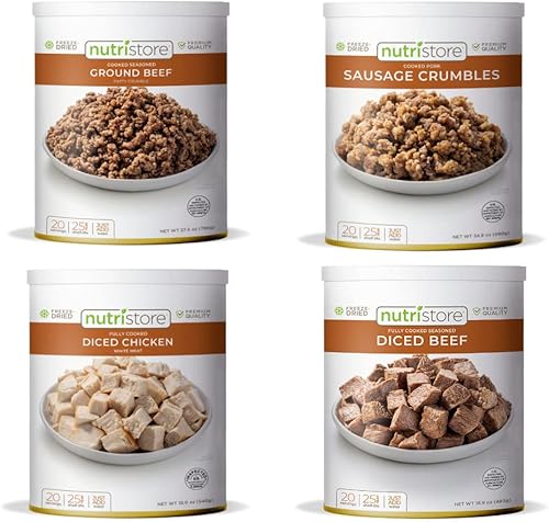 Nutristore Paquete de 4 variedades de carne liofilizada (pollo, dados de ternera, carne molida y salchicha), 80 porciones grandes, almacenamiento de
