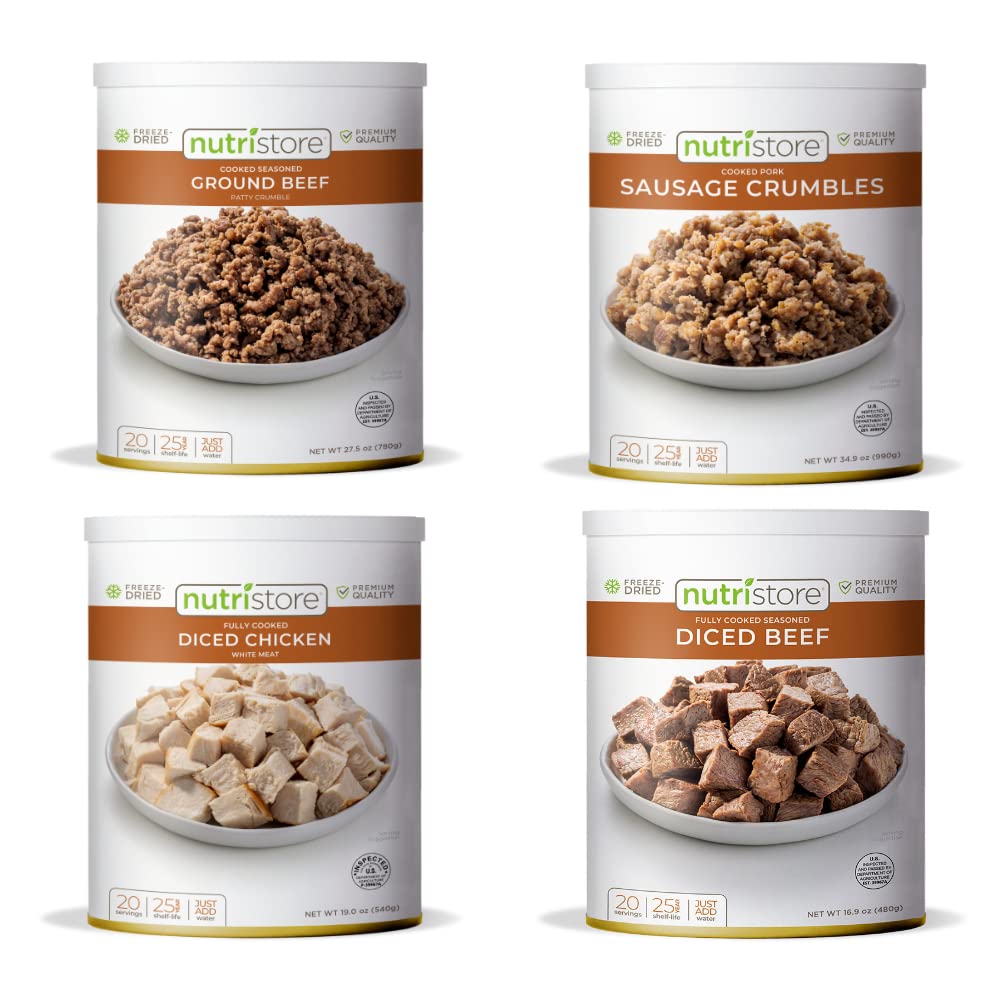 NutristoreFreeze-Dried Meat Variety 4-Pack (Chicken, Beef Dices, Ground Beef, and Sausage Crumbles) | 80 Large Servings | Emergency Survival Bulk Food Storage | Amazing Taste | Perfect for Camping