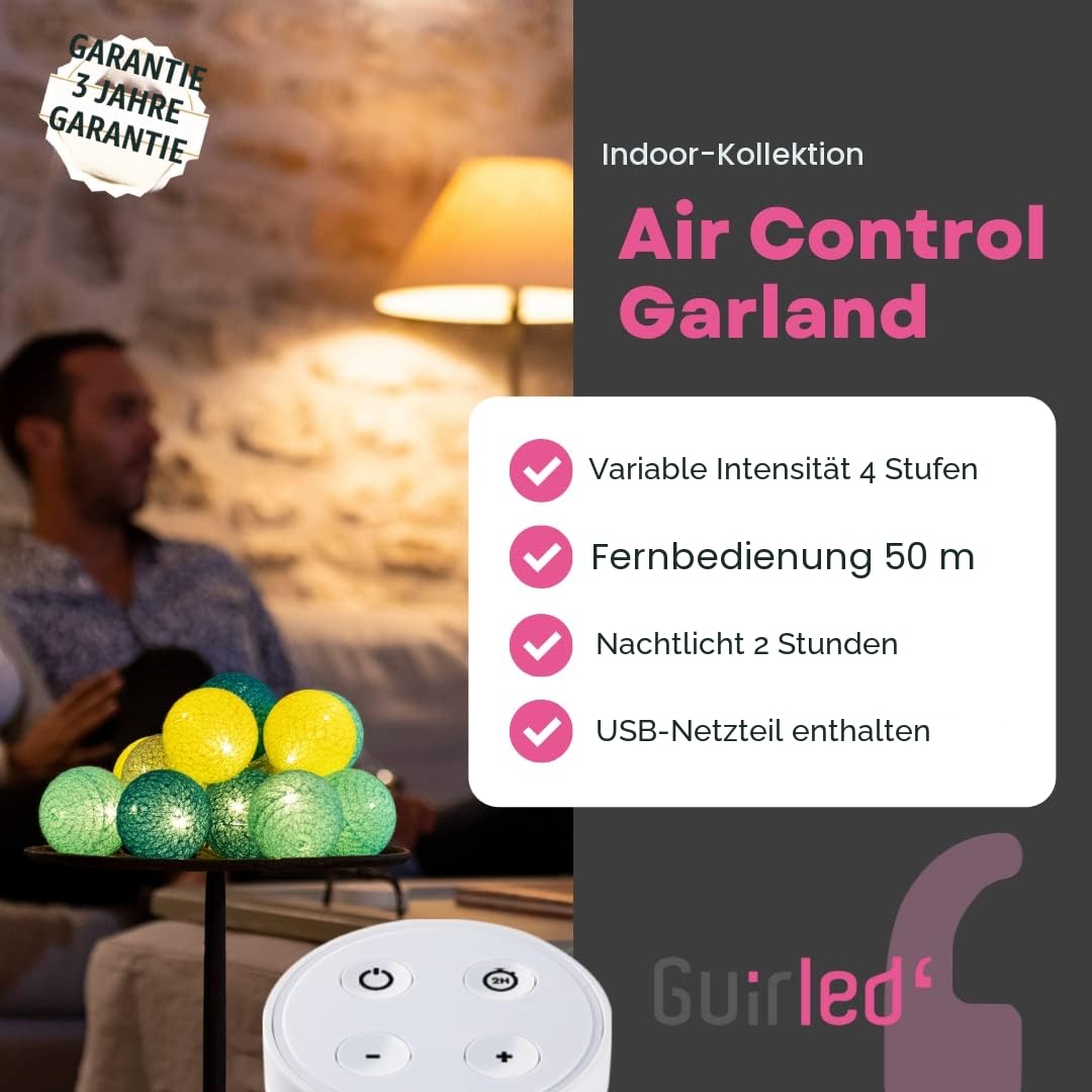GuirLED - LED Baumwollkugeln Lichterkette USB - Drahtlose Fernbedienung - Baby Nachtlicht 2h - Dual USB 2A Netzteil enthalten - 4 Intensitäten – 32 Kugeln 3.2m - Arlequin