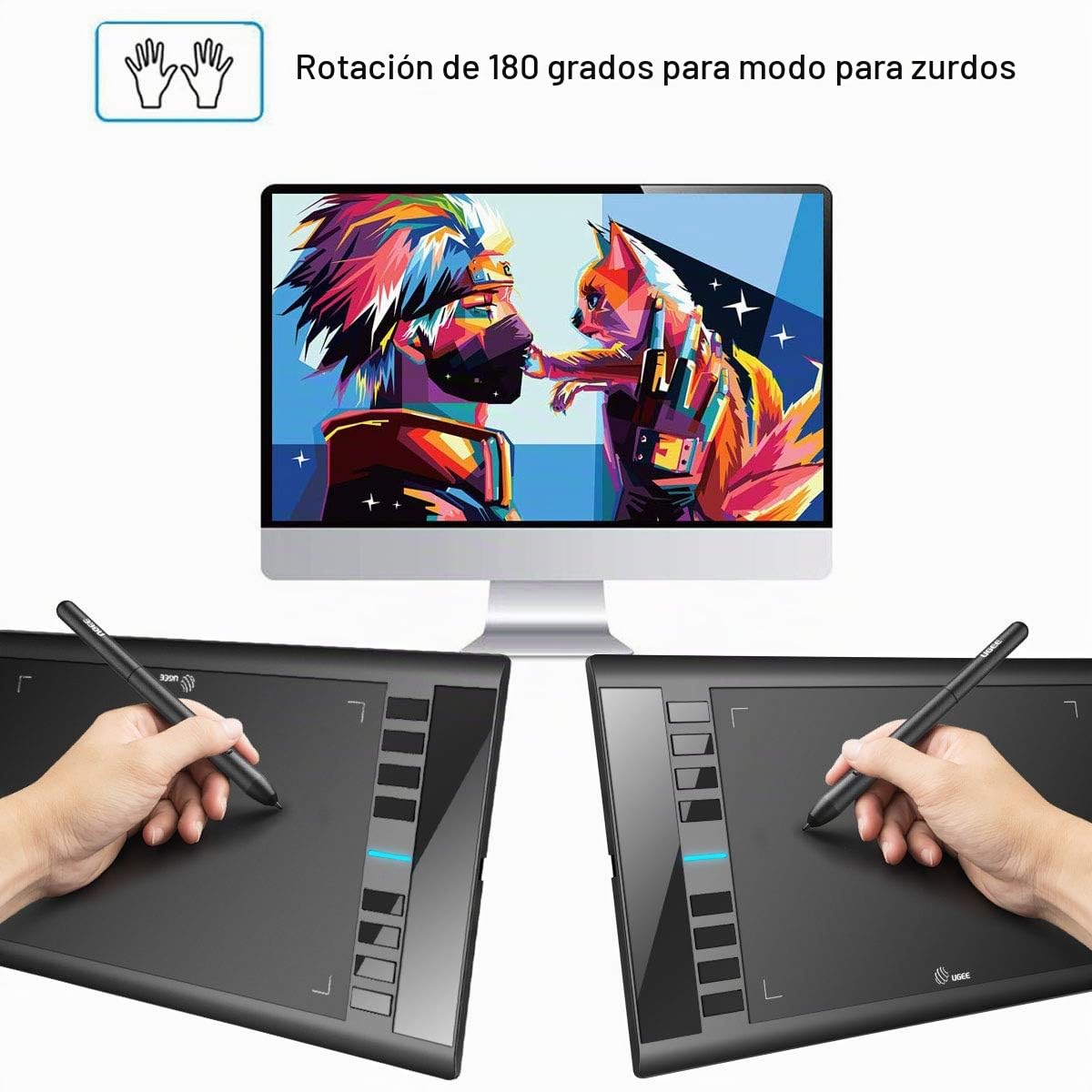 Graphics Drawing Tablet, UGEE M708 10 x 6 inch Large Drawing Tablet with 8 Hot Keys, Passive Stylus of 8192 Levels Pressure, UGEE M708 Graphic Tablet for Paint, Design, Art Creation Sketch
