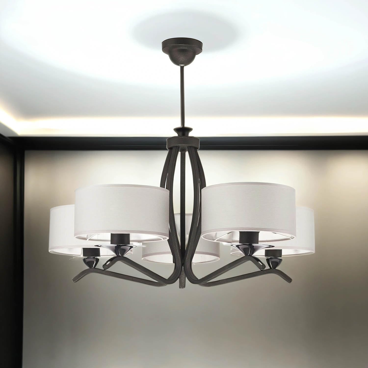 Licht-Erlebnisse Wohnliche Deckenleuchte DAGNO Graphit Weiß Stoffschirm Ø66cm 5-armig Wohnzimmer Esszimmer Deckenlampe
