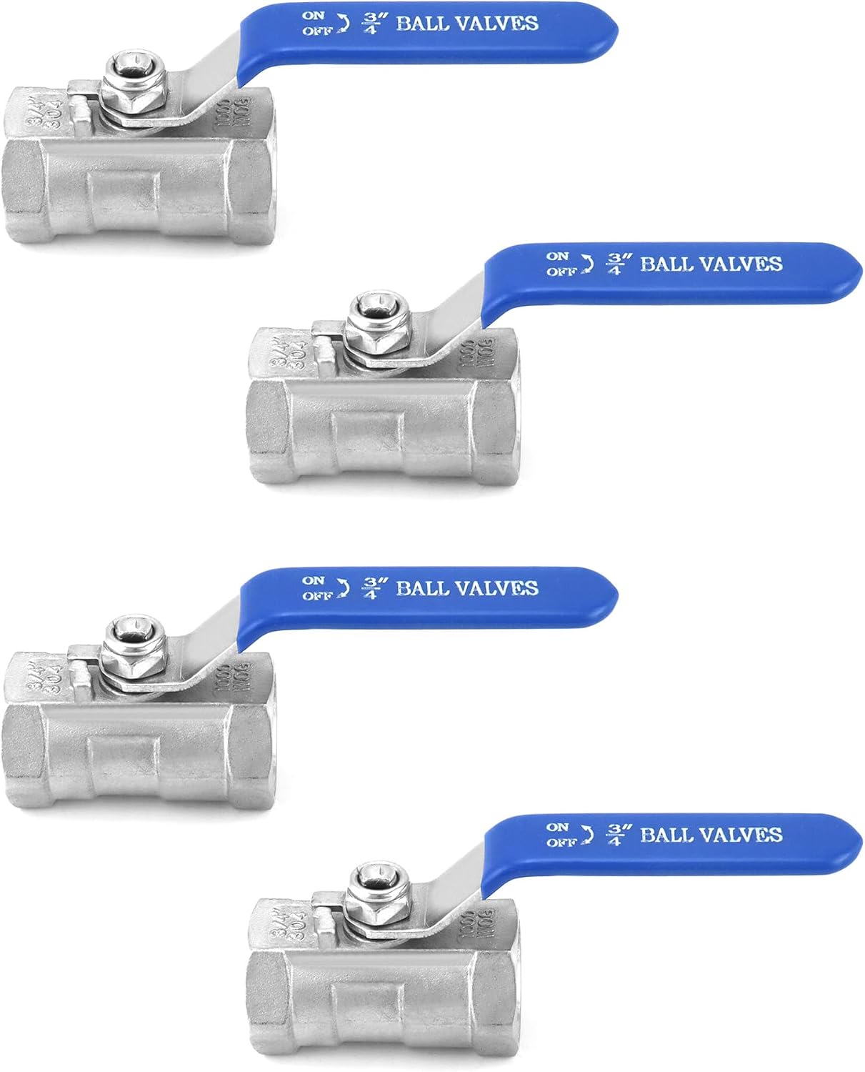QWORK 3/4" NPT Female Stainless Steel Ball Valve, 4 Pack Standard Port for Water, Oil, and Gas, Vinyl Handle Manual Control