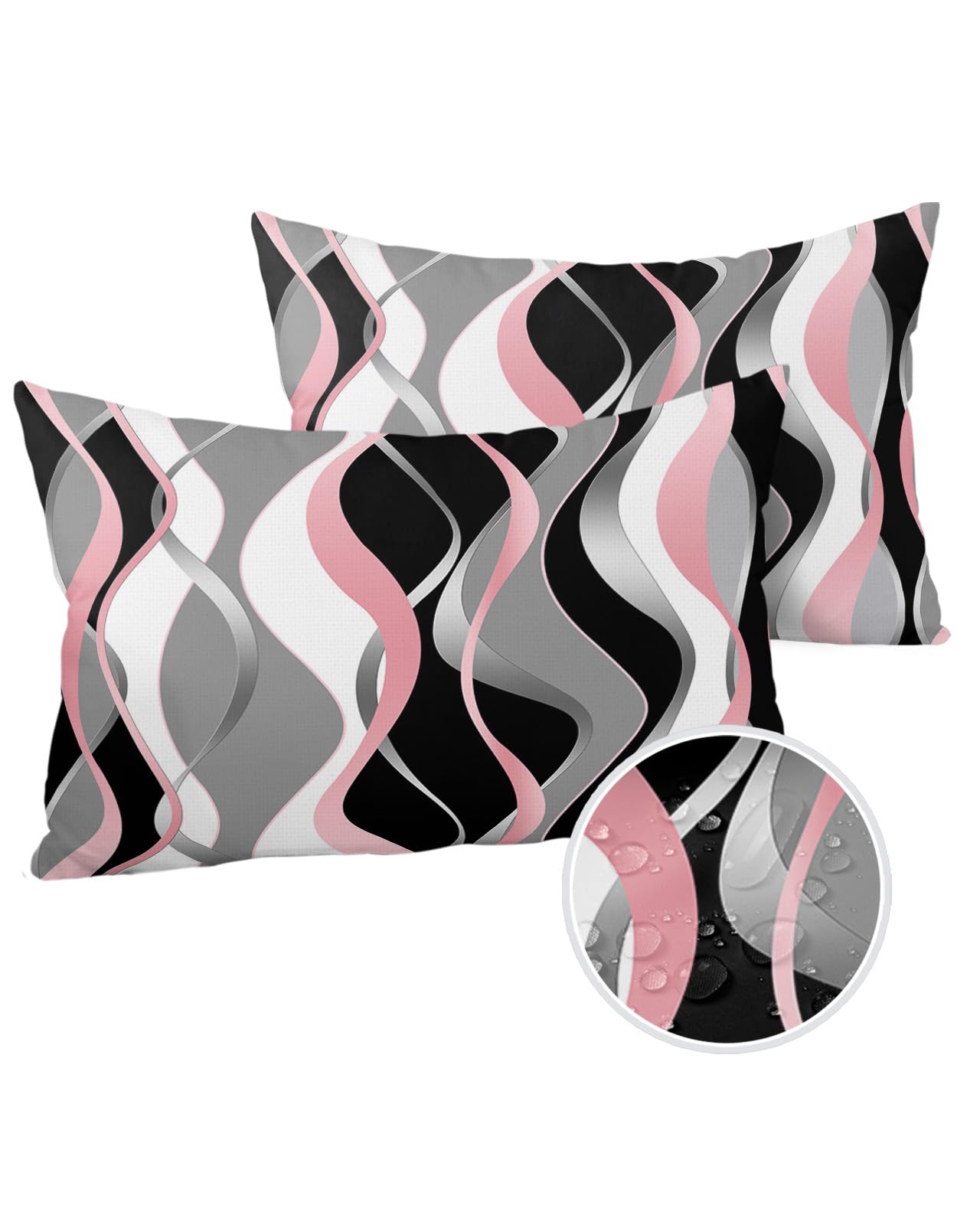 Pink Black Outdoor Pillow Cover 12x20 Inch Cushion Sham Case, Waterproof Decorative Lumbar Throw Pillowcase for Outside Garden Patio Porch Couch Chair Tent Geometric Contemporary Grey White Stripe