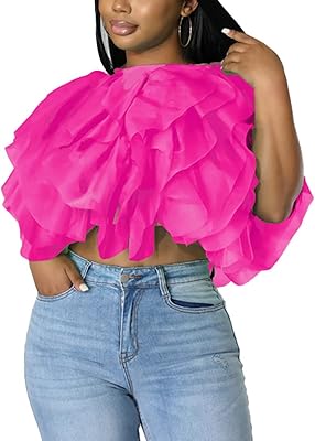 Chiffon Blouses for Women Casual - Solid Short Sleeve Mesh Tulle Blouse Puffy Layered Short Tops Party Prom