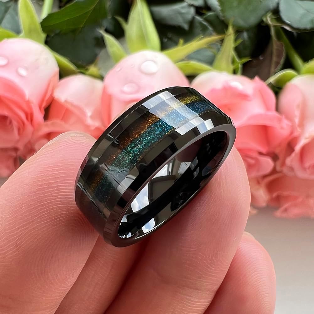 TUTISS 8mm Black Tungsten Rings for Men Women Flowing Sand Inlay Fashion Engagement Promise Wedding Band Beveled Polished Shiny Comfort Fit