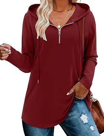 BETTE BOUTIK Womens Quarter Zip Tunic Hoodies Pullover Long Hooded Sweatshirts S-3XL