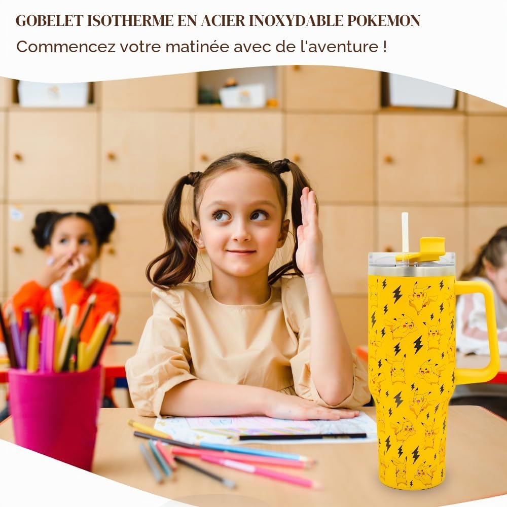 Pokemon Pikachu Gobelet de 1200 ml avec paille et couvercle | Tasse de voyage anti-fuite et anti-déversement | Bouteille d'eau isotherme en acier inoxydable avec poignée pour garder au froid pendant