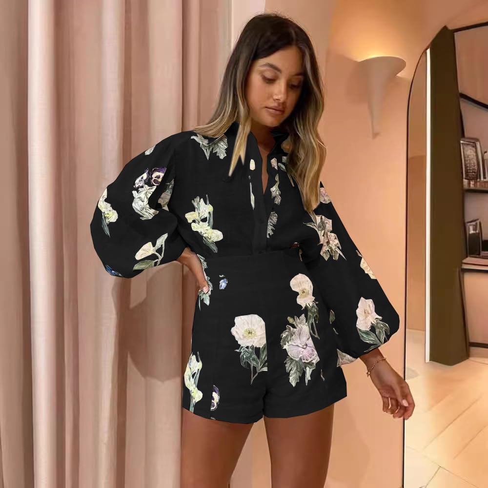 Molilove Conjunto de 2 piezas para mujer, camisa hawaiana de manga larga con botones y pantalones cortos